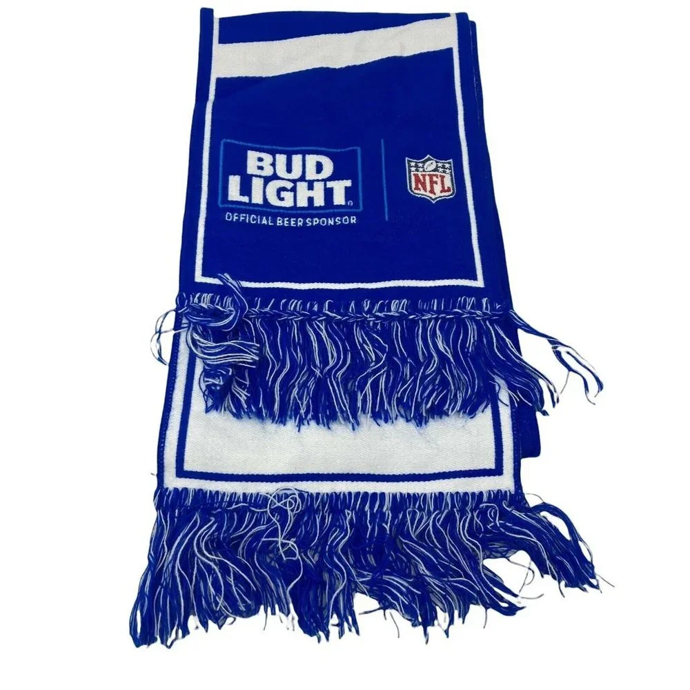 NFL Budlite Scarf Blue White New In Bag Spell Out Fringe